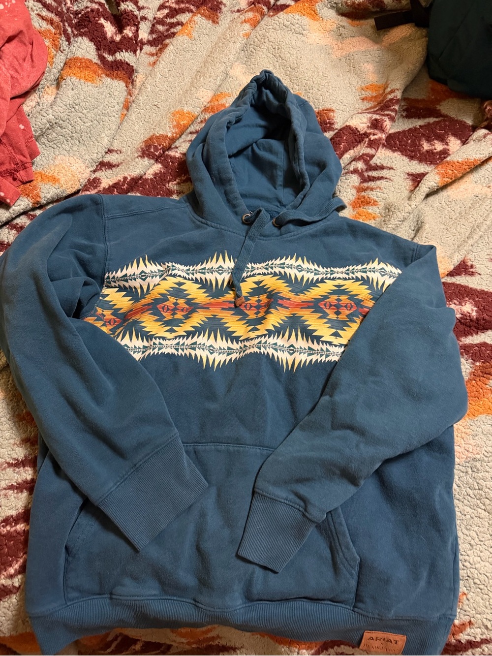 Pendleton Blue Hoodie with Yellow & Orange Geometric Chest Pattern